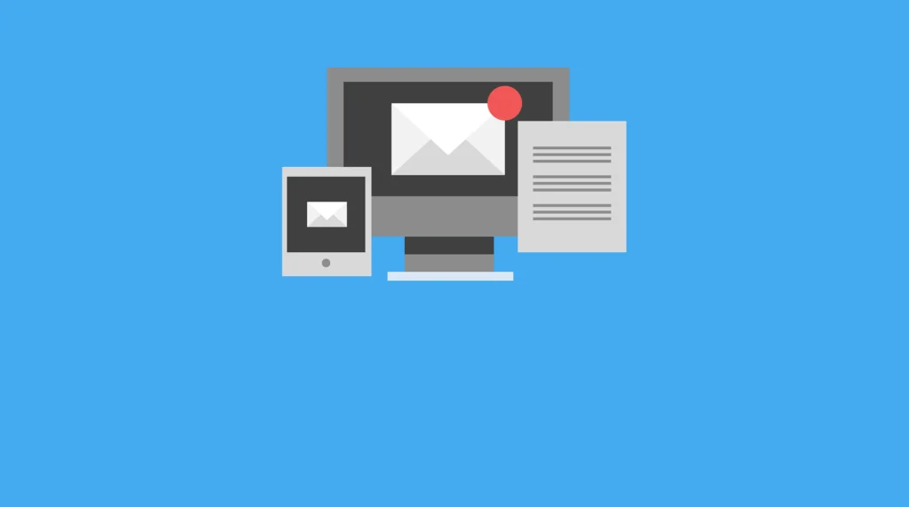 Illustration showing a computer screen, tablet and piece of paper