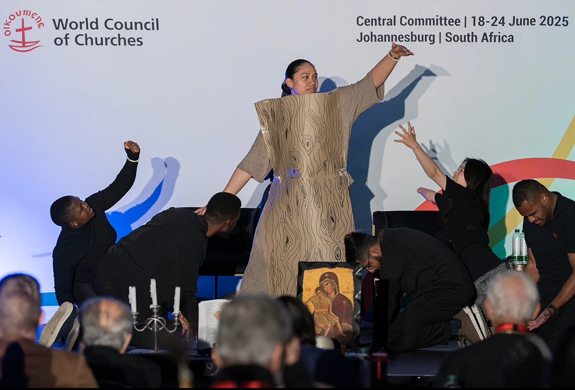 21 June 2025, Johannesburg, South Africa: Stewards perform a dramatic enactment of environmental destruction, and restoration – revolving around a central tree embodied by Ana Veaila of the Free Wesleyan Church of Tonga – during a Pilgrimage Encounter with Creation, held at the 2025 Central Committee meeting of the World Council of Churches taking place in Johannesburg (South Africa) from 18 to 24 June 2025 on the theme ’Pilgrimage of Justice, Reconciliation, and Unity’.