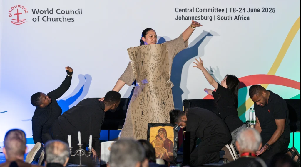 21 June 2025, Johannesburg, South Africa: Stewards perform a dramatic enactment of environmental destruction, and restoration – revolving around a central tree embodied by Ana Veaila of the Free Wesleyan Church of Tonga – during a Pilgrimage Encounter with Creation, held at the 2025 Central Committee meeting of the World Council of Churches taking place in Johannesburg (South Africa) from 18 to 24 June 2025 on the theme ’Pilgrimage of Justice, Reconciliation, and Unity’.
