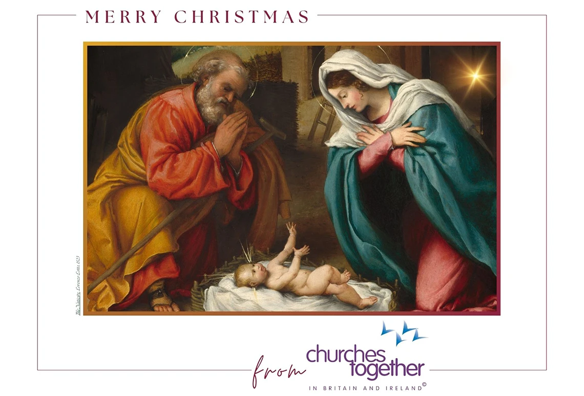 CTBI Christmas Card: "Merry Christmas from Churches Together in Britian and Ireland". Artwork is 'The Nativity', 1523, by Lorenzo Lotto.