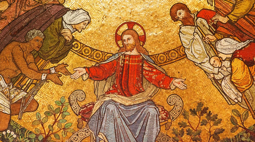 Mosaic depicting Jesus with outstretched arms towards his followers