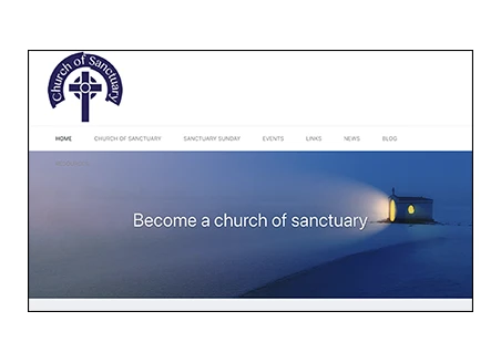 Church of sanctuary website. Image shows a small church with a light shining out the door. Text: become a Church of Sanctuary.